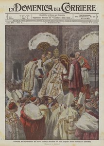 Ceremonia de la coronación del nuevo pontífice Benedicto XV en la Capilla Sixtina el domingo 6 de septiembre de Achille Beltrame