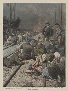 Campesinos huelguistas de Argenta (Ferrara) que pasan la noche en la vía férrea de Achille Beltrame