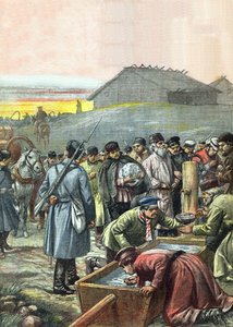 Convoy de prisioneros políticos rusos deportados en tránsito al exilio en Siberia, ilustración de la revista 