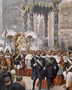 Coronación del Papa Pío X en la Basílica de San Pedro, Vaticano, ilustración de Achille Beltrame de La Domenica del Corriere