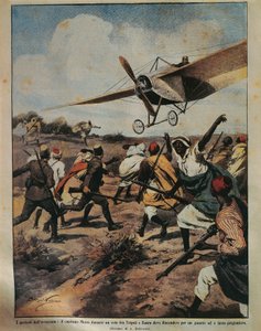 Ilustración de portada del Capitán Moizo intentando un aterrizaje forzoso durante la Campaña Africana, por Achille Beltrame, de La Domenica del Corriere, 22 de septiembre de 1912 de Achille Beltrame