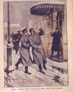 Ilustración de portada del terrorismo en el Imperio Ruso; intento de asesinato del general y muerte del atacante en Riga de Achille Beltrame
