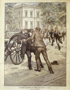 Ilustración de portada del asesinato del Primer Ministro griego Delyannis; Atenas, Grecia de Achille Beltrame