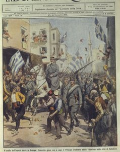 Ilustración de portada del ejército griego victorioso entrando en Tesalónica durante la caída del Imperio Turco de Achille Beltrame