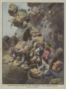 Derrumbe de un espolón de montaña de una vieja cantera abandonada en Carrara, sepultando a muchos obreros