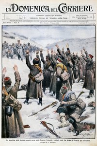 Derrota del décimo ejército ruso en Prusia Oriental: soldados rusos levantando los brazos en señal de rendición, placa de Achille Beltrame de La Domenica del Corriere, 28 de febrero-7 de marzo de 1915
