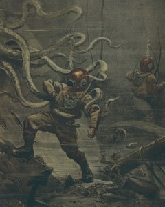 Buzo atacado por un pulpo gigante durante una inmersión, por Achille Beltrame, ilustración, de La Domenica del Corriere, 25 de octubre de 1908 de Achille Beltrame