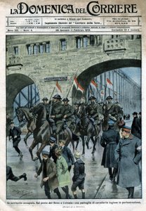 Presencia inglesa en Alemania: tropas militares en un puente del Rin en Colonia. Ilustración de Beltrame. La Domenica del Corriere. 01/1919 de Achille Beltrame