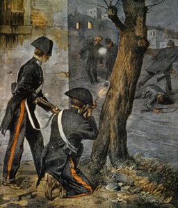 Episodio de la Mafia Siciliana, conflicto entre la policía y mafiosos en Trapani de La Domenica del Corriere, 31 de diciembre de Achille Beltrame