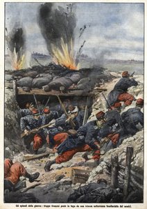 Episodio de la Guerra de 1914: tropas francesas en las trincheras son bombardeadas por enemigos. "La Domenica del Corriere"