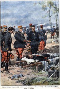 Episodio de la guerra de 1914: General Noel Edouard de Curieres de Castelnau (1851-1944), comandante del ejército francés en Lorena, jura vengar a su hijo muerto. Ilustración de Achille Beltrame en "La Domenica del Corriere" de Achille Beltrame