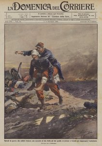 Episodios de guerra, dos soldados franceses, uno cegado y otro herido en una pierna se ayudan