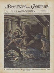 Héroes Modernos, El Ing. Binder que Ilumina la Mina Inundada de Brux (Bohemia) Salvando a los Obreros y Muere por Ellos de Achille Beltrame