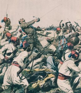 Ataque etíope al cuartel de Lugh y asesinato del Capitán Bongiovanni, ilustración de Achille Beltrame, de La Domenica del Corriere de Achille Beltrame