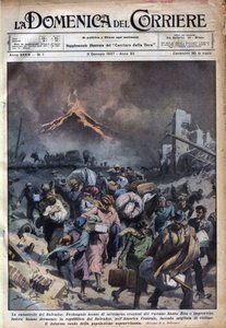 Éxodo de la población de El Salvador tras el terremoto y las erupciones del volcán Santa Rita. Ilustración de Achille Beltrame en “La domenica del corriere” 03/01/1937 de Achille Beltrame