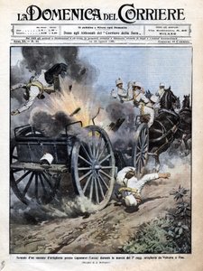 Explosión de una caja de artillería cerca de Capannori (Lucca) durante el traslado del 7º regimiento de artillería de Volterra a Pisa. Ilustración de Beltrame. “La Domenica del Corriere”. 15-23/08/1909 de Achille Beltrame