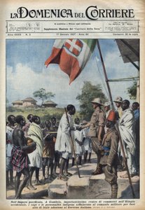 Fascismo 1937: Reuniones en Gambela, el centro comercial del Imperio Etíope, de jefes y personalidades indígenas para hacer un acto de adhesión al gobierno italiano. Ilustración de Achille Beltrame en "La domenica del corriere" 17/01/1937
