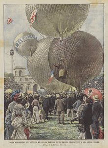 Fiesta aeronáutica en la arena de Milán, la partida de tres globos transportando en el aire a siete personas