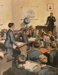 Luchando contra el analfabetismo, niños en la escuela, ilustración de Achille Beltrame, de La Domenica del Corriere