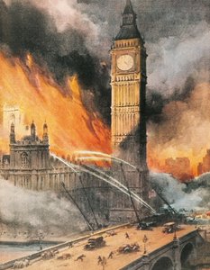 Incendio en el Palacio de Westminster, Londres, tras el bombardeo alemán, ilustración de 