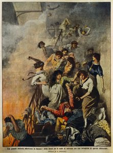 Incendio en gran fábrica textil americana: trabajadores en la escalera, ilustración por Achille Beltrame, de La Domenica del Corriere, 10 de agosto de Achille Beltrame