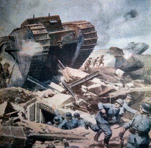Asaltos de tanques ingleses en Picardía (Ilustración de Achilles Beltrame, La Domenica del Corriere, 1916)
