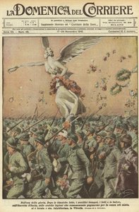 Primera Guerra Mundial 1918 - Italia en la guerra. Día de la Victoria. En la hora de la gloria. Después de una lucha titánica, los inmensos sacrificios, las muertes, las tormentas, el Ejército de Italia, las heroicas legiones romanas que lucharon por la ca de Achille Beltrame