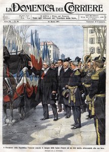 El presidente francés Armand Fallieres presenta la medalla de la Legión de Honor a un héroe muerto en batalla. Ilustración de Beltrame. La Domenica del Corriere. 31/03/1907 de Achille Beltrame