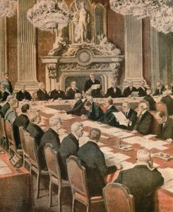 El presidente francés Georges Clemenceau hablando en la Conferencia de Paz de París, ilustración de Achille Beltrame, de La Domenica del Corriere de Achille Beltrame