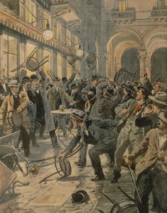 Huelga general de trabajadores en Milán, disturbios en la Galleria Vittorio Emanuele II, por Achille Beltrame, ilustración, Ilustrador Achille Beltrame, de La Domenica del Corriere de Achille Beltrame