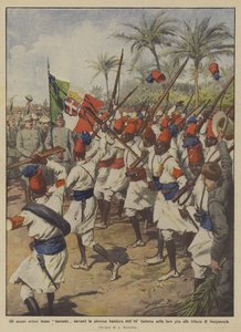 Los askaris eritreos desfilan frente a la gloriosa bandera del 84º de infantería en su excursión de Achille Beltrame