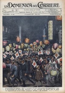Gran desfile de residentes de Tokio para rendir homenaje a Italia y Alemania tras el reconocimiento del nuevo estado de Manchukuo (Manchukuo o Manzhouguo). Ilustración de Achille Beltrame en “La domenica del corriere” del 12/12/1937. de Achille Beltrame