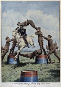 Salto de Caballo: Húsares Ingleses en las Pruebas del Torneo de Londres - dibujo de A. Beltrame, en “La Domenica del Corriere” de Achille Beltrame