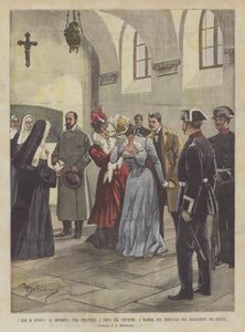 Los casos de España, la señorita Ubao arrancada a la fuerza del convento, en Madrid, donde se encontraba de Achille Beltrame