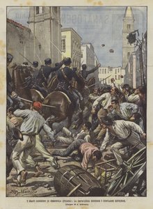 Los graves disturbios de Cerignola (Foggia), la caballería dispersa a los campesinos revoltosos de Achille Beltrame