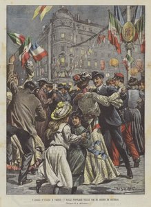 Los reyes de Italia en París, los bailes populares en las calles en señal de júbilo de Achille Beltrame