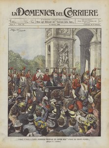 Los reyes de Italia en París, la entrada triunfal del cortejo en la Avenida de los Campos Elíseos de Achille Beltrame