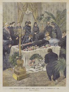 Los reyes visitan el cuerpo de Humberto I, recién llegados a Monza, en la tarde del 1 de Achille Beltrame