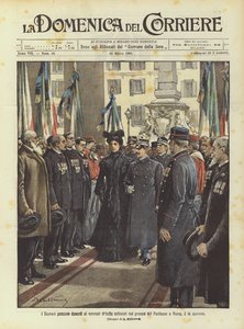 Los soberanos pasan frente a los veteranos de Italia alineados en el pórtico del Panteón en Roma, el 14 del mes de Achille Beltrame