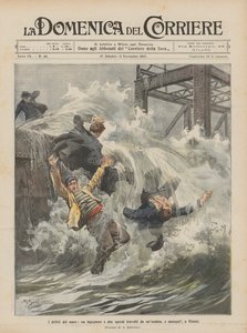 Los crímenes del mar, un ingeniero y dos obreros arrastrados por una ola y ahogados en Rímini de Achille Beltrame