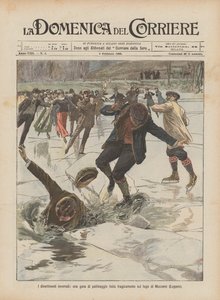 Los entretenimientos invernales, una competencia de patinaje que termina trágicamente en el lago de Muzzano (Lugano) de Achille Beltrame