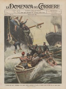 Los dramas del mar, tripulación de un vapor italiano naufragado en el golfo de Vizcaya de Achille Beltrame