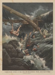Los dramas del mar, naufragio, con cinco víctimas, del barco pesquero Ricordo cerca del puerto de Pesaro de Achille Beltrame
