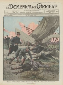 Los dramas del aire, caída de un biplano militar en el campo de Centocelle, en Roma, y muerte de los dos aeronautas de Achille Beltrame