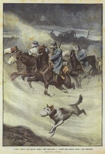 Los nuevos aspectos de la guerra, incluso los perros exploradores y los caballos están protegidos contra los gases asfixiantes de Achille Beltrame