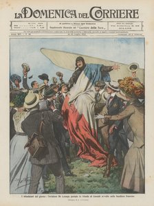 Los triunfadores del día, el aviador De Lesseps llevado en triunfo en Canadá envuelto en la bandera francesa