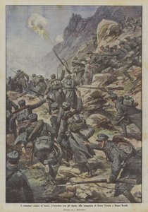 Los voluntarios ciclistas al fuego, el encuentro con los alpinos, en la conquista de Dosso Casina y Dosso Remit de Achille Beltrame