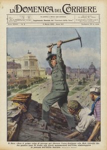 El Duce da el primer golpe de pico para liberar el área destinada a la Mole Littoria
