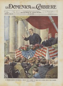 El presidente Roosevelt pronunciando el primero de sus 75 discursos en el viaje que está realizando