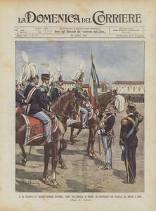 El rey entrega la vieja gloriosa bandera, tomada de la armería de Turín, a la artillería en